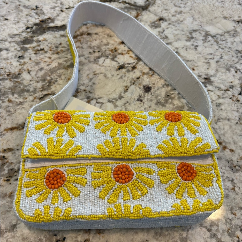 SOL AND MER Beaded Sunflower Daisy Floral Baguette Bag Yellow NWT TikTok Viral
